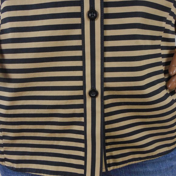 CHICO'S Top L Sz 2 Wrinkle Resist Tan/Black Stripe Button Down Blouse Cotton - Picture 4 of 9